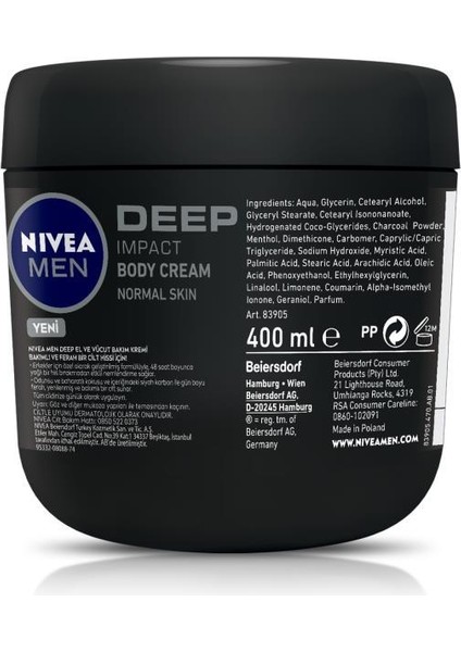 NIVEA Men El Ve Vücut Kremi Deep Impact 400ml, Nemlendirici