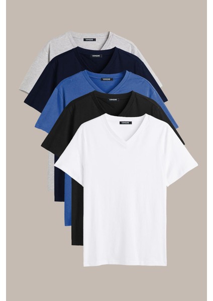 Erkek Çok Renkli T- Shirt Regular Fit Rahat Kesim V Yaka 5'li Basic Tişört Paketi