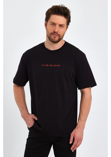 Erkek Siyah Baskılı Basic Oversize Bisiklet Yaka Kısa Kollu T-Shirt