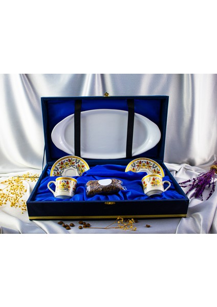 İkili Altın Yaldızlı Tepsili Kadife Kutulu Porselen Fincan Takımı