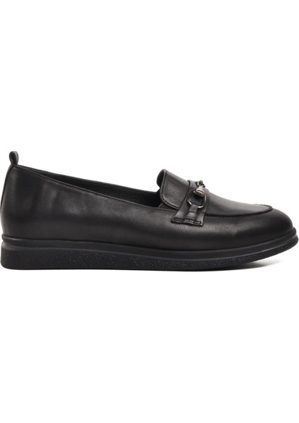 44280 Siyah Deri Kadın Loafer Ayakkabı