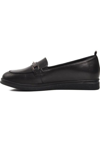 44280 Siyah Deri Kadın Loafer Ayakkabı