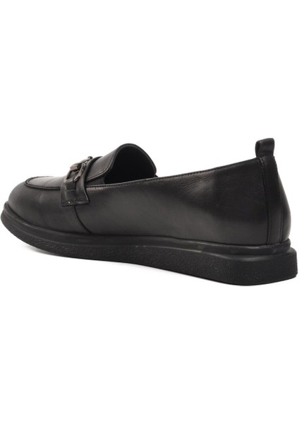 44280 Siyah Deri Kadın Loafer Ayakkabı