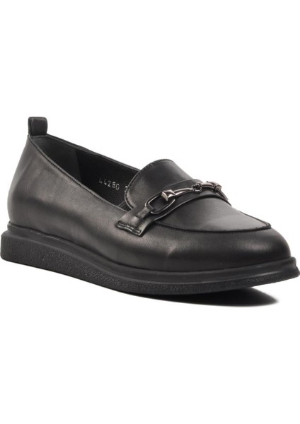 44280 Siyah Deri Kadın Loafer Ayakkabı