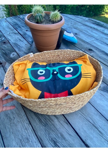 Oval Hasır Kedi Yatağı Kırlent Dahil Kedi Sepeti