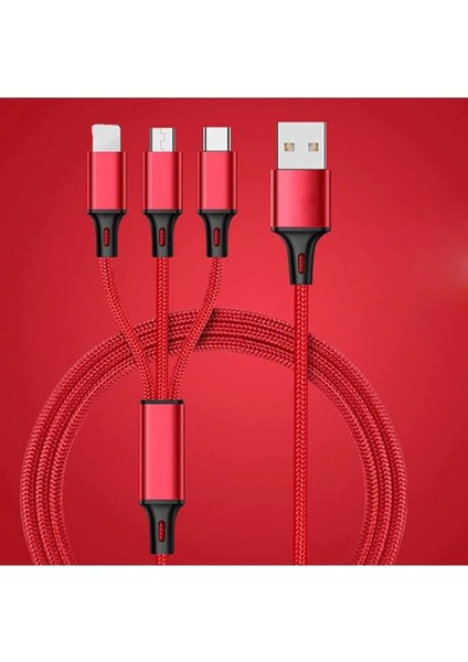 Huawei Xiaomi Samsung Iphone Uyumlu Örgü Hasır Çoklu Şarj Kablosu Type-C Micro Lightning