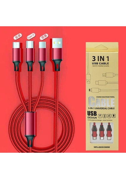 Huawei Xiaomi Samsung Iphone Uyumlu Örgü Hasır Çoklu Şarj Kablosu Type-C Micro Lightning