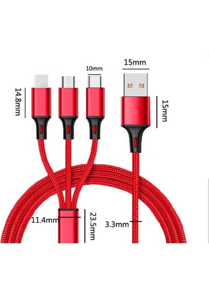 Huawei Xiaomi Samsung Iphone Uyumlu Örgü Hasır Çoklu Şarj Kablosu Type-C Micro Lightning