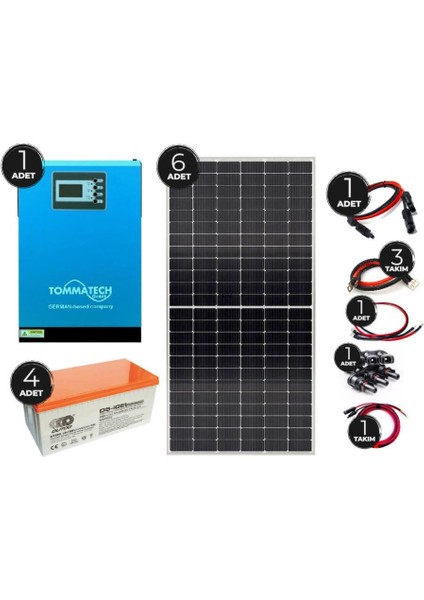 Güneş Enerjisi Solar Paketi 5kVA İnverter 6 x 550W Güneş Paneli 4 x 200Ah Jel Akü