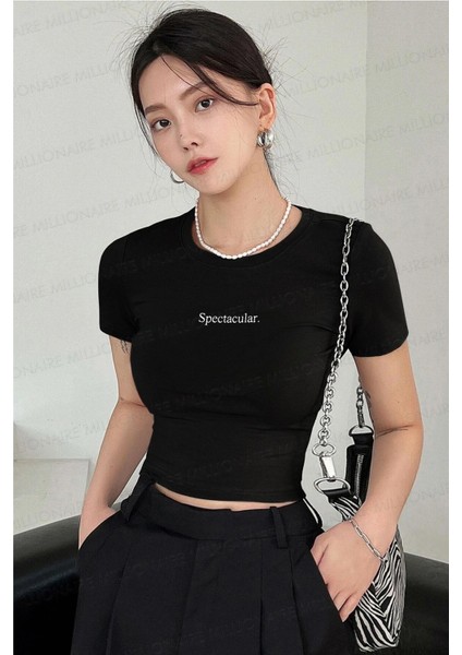 Spectacular Kısa Kol Kadın Siyah Bisiklet Yaka Likralı Body Crop T-Shirt