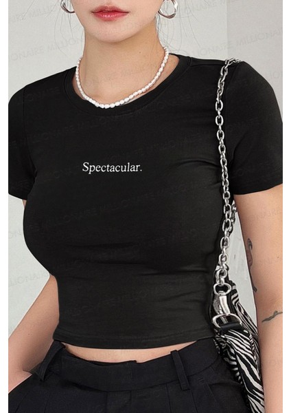 Spectacular Kısa Kol Kadın Siyah Bisiklet Yaka Likralı Body Crop T-Shirt fiyatları