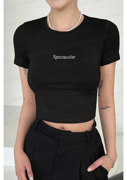 Spectacular Kısa Kol Kadın Siyah Bisiklet Yaka Likralı Body Crop T-Shirt modelleri