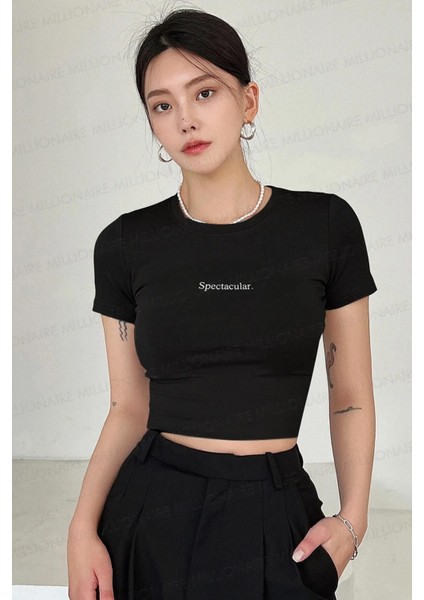 Spectacular Kısa Kol Kadın Siyah Bisiklet Yaka Likralı Body Crop T-Shirt fırsatları