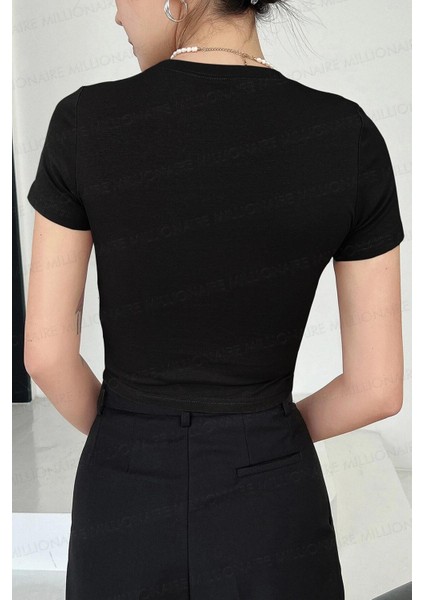 Spectacular Kısa Kol Kadın Siyah Bisiklet Yaka Likralı Body Crop T-Shirt indirimleri