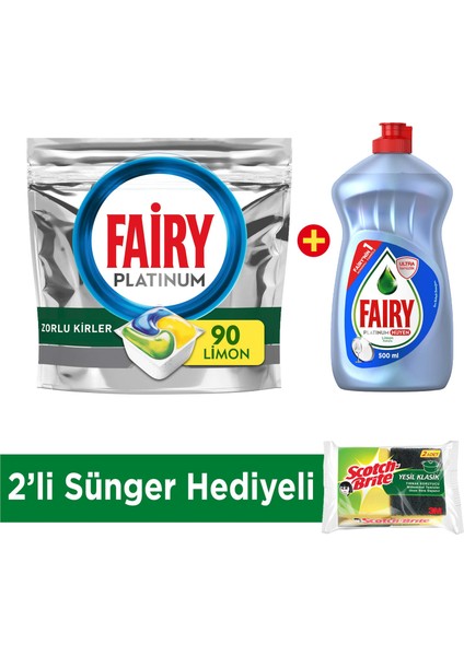 Platinum  90 Yıkama Kapsül Limon Kokulu +Platinum 500 ml Hijyen+Sünger