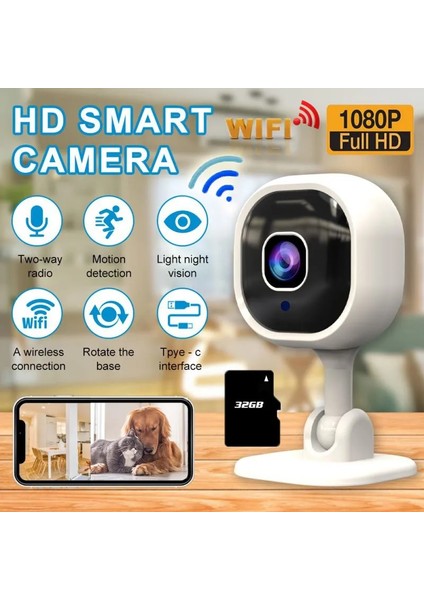 Wifi Kamera Mini + 32GB Hafıza Kart ile Birlikte (Hareket Algılama + Dünyanın Her Yerinden Uzaktan Izleme + Video ve Ses Kayıt Yapar + Iki Yönlü Ses Alış Veriş)