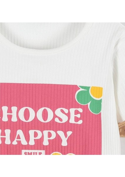 Choose Happy Baskılı Pembe Fitilli Şortlu Kız Çocuk Takımı