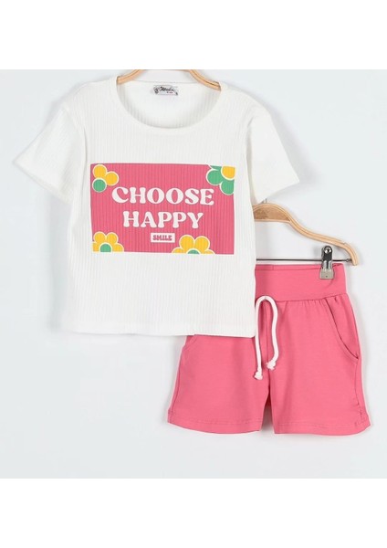 Choose Happy Baskılı Pembe Fitilli Şortlu Kız Çocuk Takımı