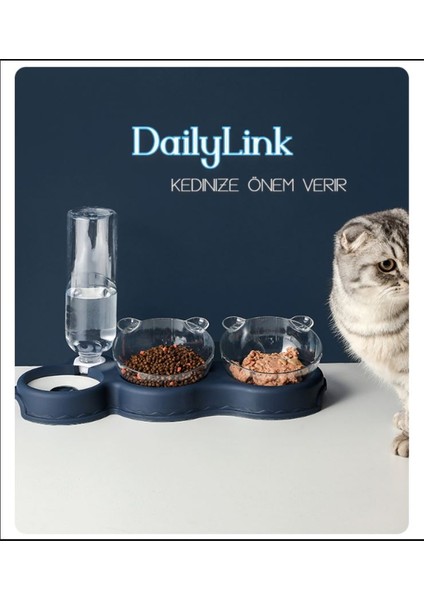 Daily Link Dailylink Şeffaf Kedi Kafalı 2 Mama Kabı 1 Suluk Kedi Köpek Mama Su Kabı