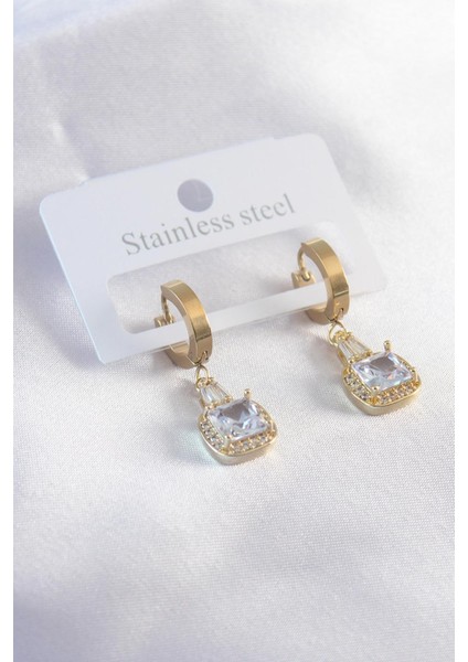 E-Bijuteri Çelik Gold Renk Zirkon Taşlı Kadın Küpe