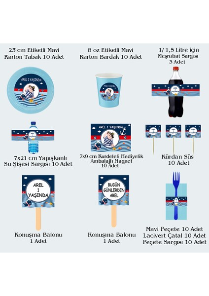 Denizci 2 Temalı Kişiye Özel Doğum Günü Seti 10 Kişilik -131 Parça Dev Set