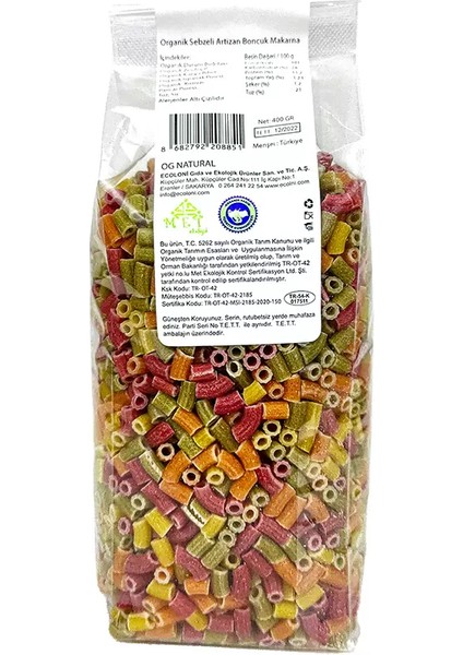 Organik Sertifikalı Sebzeli Artizan Boncuk Makarna 400 gr