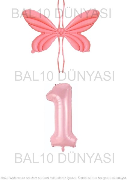 Pembe Renk Melek Kanadı Folyo Balon ve Rakam Folyo Balon Seti Yaş 1