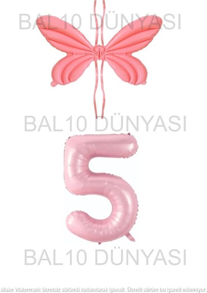 Pembe Renk Melek Kanadı Folyo Balon ve Rakam Folyo Balon Seti Yaş 5