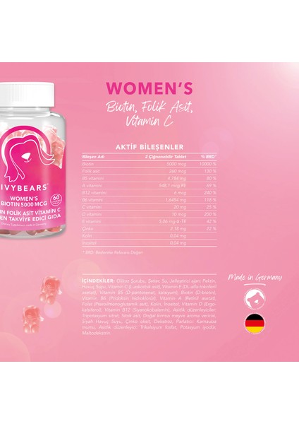 Women's Biotin Çiğnenebilir Saç Vitamin 5000Mcg, Folik Asit, Vitamin C, Çinko, Vegan, 60 Adet, 30 Günlük