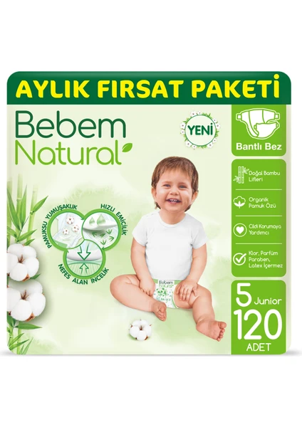 Bebem Natural Bebek Bezi 5 Beden Junior Aylık Fırsat Paketi 120 Adet