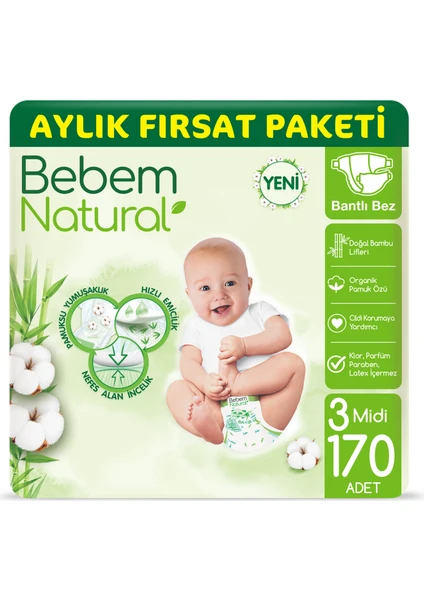 Bebem Natural Bebek Bezi 3 Beden Midi Aylık Fırsat Paketi 170 Adet