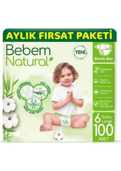 Bebem Natural Bebek Bezi 6 Beden Ekstra Large Aylık Fırsat Paketi 100 Adet