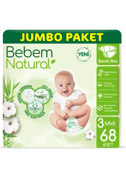 Bebem Natural Bebek Bezi 3 Beden Midi Jumbo Paket 68 Adet