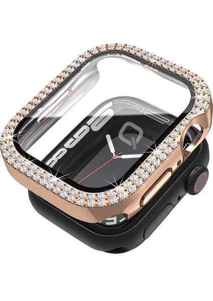 Apple Watch Seri 3-2 38MM Uyumlu Ekran ve Taşlı Kasa Koruyucu Rosegold