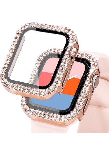 Apple Watch Seri 3-2 38MM Uyumlu Ekran ve Taşlı Kasa Koruyucu Rosegold modelleri