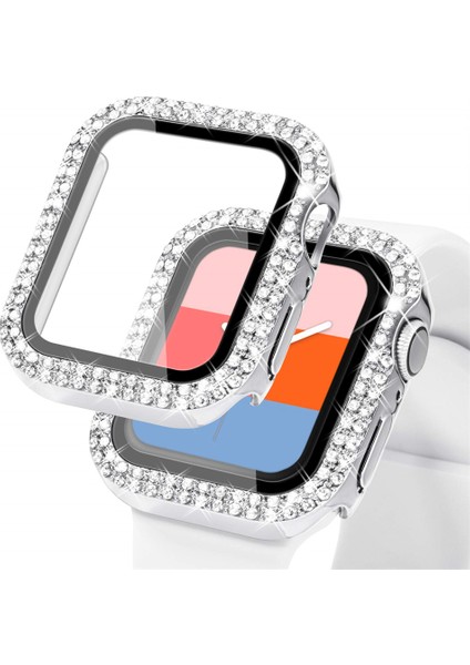 Apple Watch Seri 3-2 42MM Uyumlu Ekran ve Taşlı Kasa Koruyucu Gümüş modelleri
