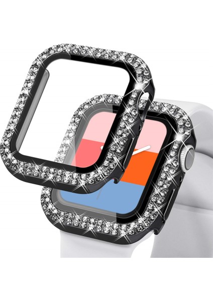 Apple Watch Seri Se-6-5-4 44MM Uyumlu Ekran ve Taşlı Kasa Koruyucu Siyah modelleri