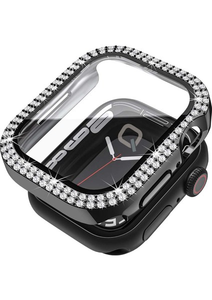 Apple Watch Seri 9-8-7 41MM Uyumlu Ekran ve Taşlı Kasa Koruyucu Siyah