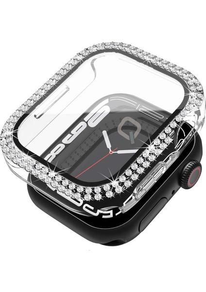 Apple Watch Seri Se-6-5-4 44MM Uyumlu Ekran ve Taşlı Kasa Koruyucu Şeffaf