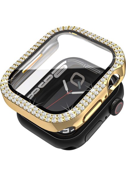 Apple Watch Seri 9-8-7 45MM Uyumlu Ekran ve Taşlı Kasa Koruyucu Gold