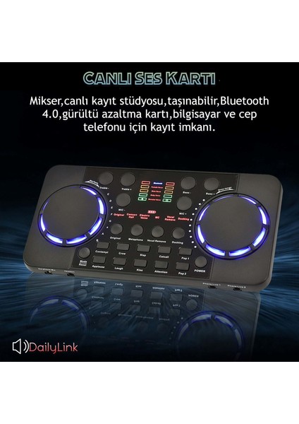 Daily Link Dailylink V300 Pro Canlı Yayın Dj Ses Kartı Gürültü Azaltıcı Bluetooth Uyumlu Pc Bilgisayar Telefon Uyumlu Mikser