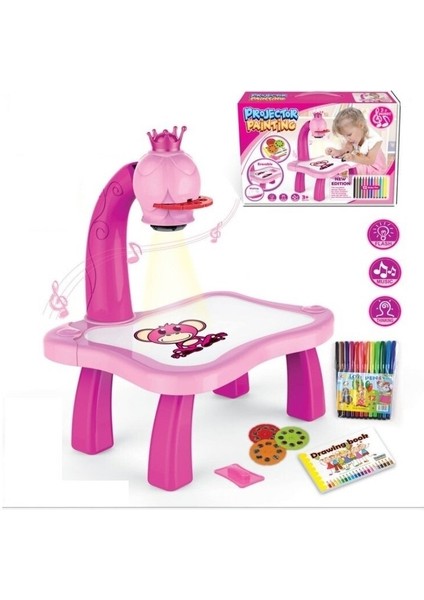 Easy Toy Çocuklar Için Ledli Projektör Çizim Masası ve Boya Kalemi Seti - Pembe (Yurt Dışından)