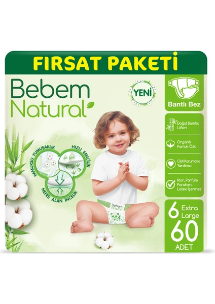 Bebem Natural Bebek Bezi 6 Beden Ekstra Large Fırsat Paketi 60 Adet