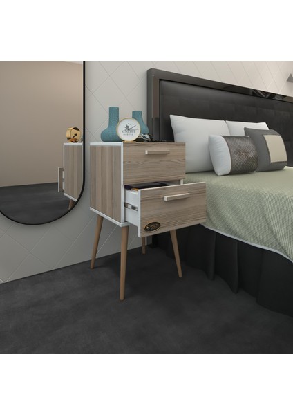 Kenzlife Komodin Donatur Gri 74*39*39 Çift Çekmeceli Ahşap Ayaklı Komidin