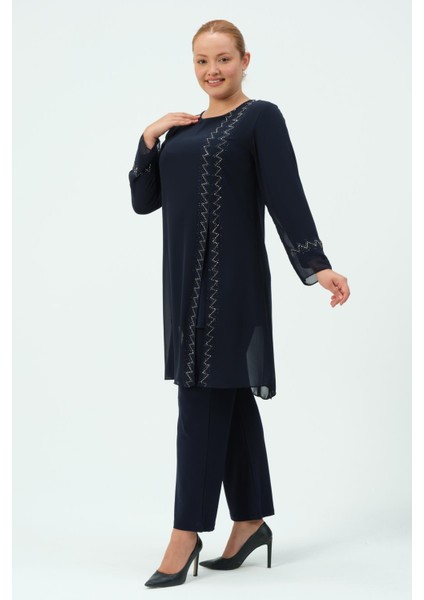 Nursima Büyük Beden Kadın Tesettür Pantolonlu Taşlı Şifon Abiye Tunik Takım modelleri