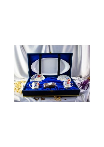 Ikili Altın Yaldızlı Tepsili Kadife Kutulu Porselen Fincan Takımı