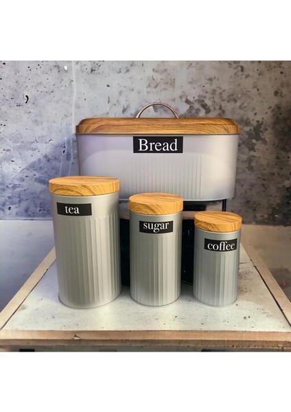 Bambu Kapak Görünümlü Metal Ekmeklik ve 3'lü Kavanoz Seti