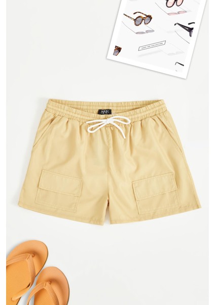 Cep Detaylı Erkek Deniz Şortu Hardal
