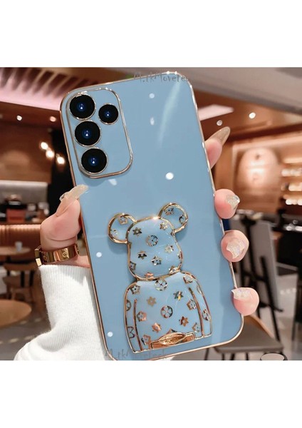 Samsung Galaxy A24 Kılıf Sevimli Şirin Ayıcık Standlı Parlak Altın Gold Kenarlı Renkli Tam Korumalı Silikon