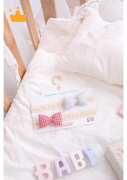 Kız Bebek 2'li Saç Bandı Bandana Set Kırmızı-Gri 1705